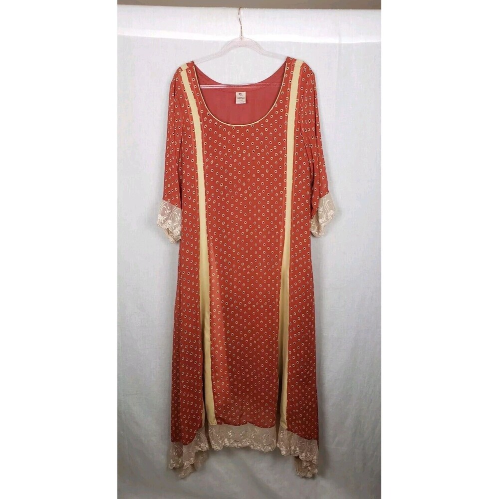 Rasheed Boutique Maxi Long Dress‎ Multicolor Flowy Boho Peasant Lace Hem M/L